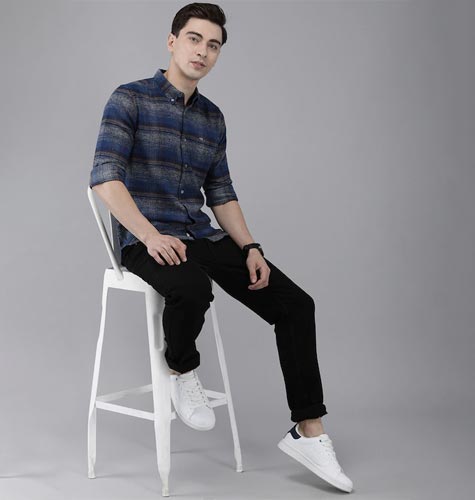 Men Navy Blue Slim Fit Tartan Checked Flannel Pure Cotton Casual Shirt